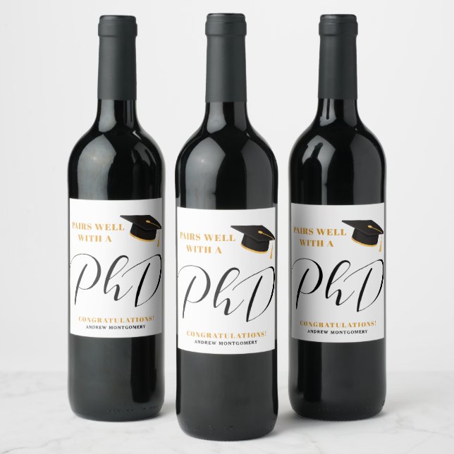 Modern Grad Cap Tassel Elegant Script PhD Grad  Wine Label (Bottles)