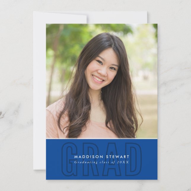 MODERN GRAD chic photo outline overlay royal blue Invitation (Front)