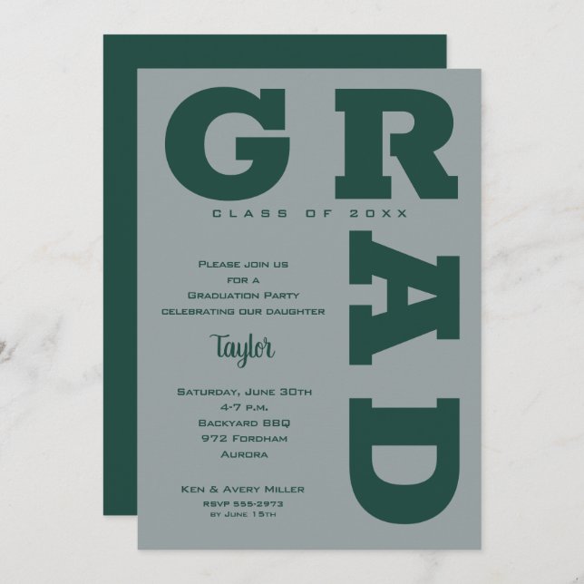 Modern GRAD Dark Green Grey Graduation Invitation (Front/Back)