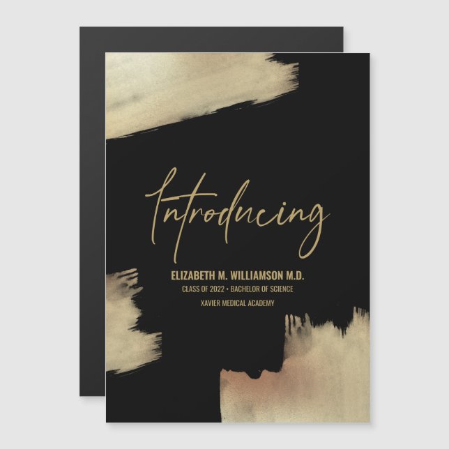 Modern Grad Gold brush strokes Introducing Medical Magnetic Invitation (Front/Back)