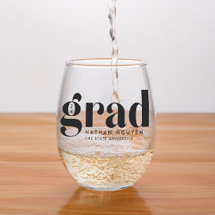 Modern Grad Graduation Year & Name Stemless Wine Glass