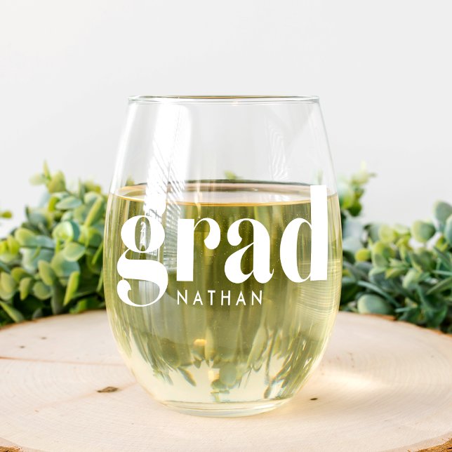 Modern Grad | Graduation Year & Name Stemless Wine Glass (Creator Uploaded)