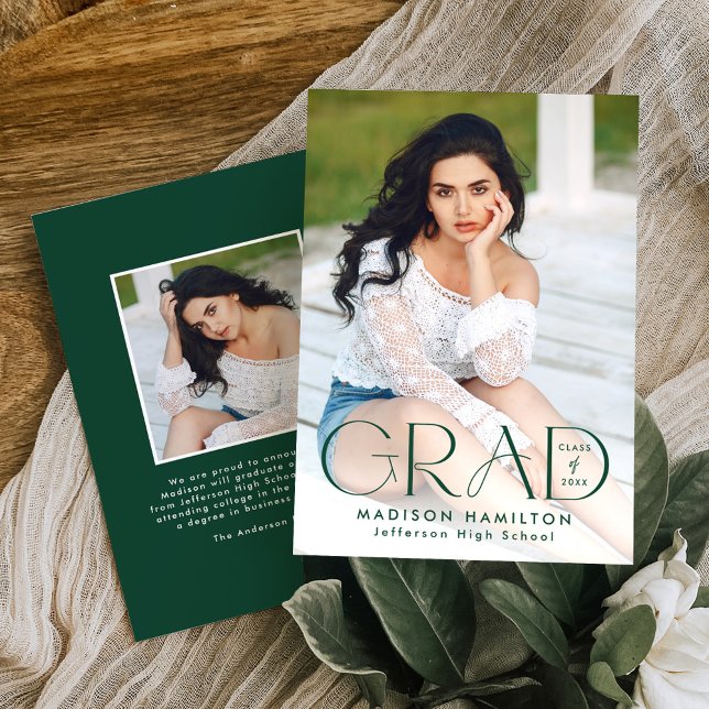 Modern Grad Green Typography 2 Photo Graduation Announcement (Creator Uploaded)
