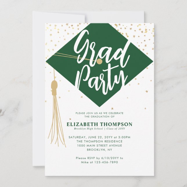 Modern GRAD Hat Cap Black Green Graduation Party Invitation (Front)