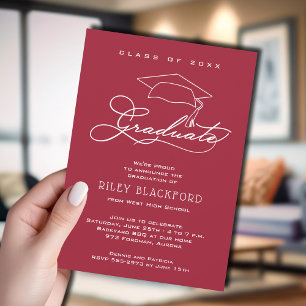 Modern Grad Hat Crimson Red Graduation Announcement