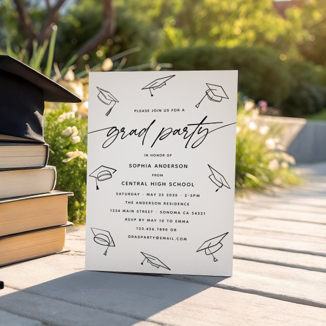 Modern Grad Party Calligraphy Script Line Doodle  Invitation (Creator Uploaded)