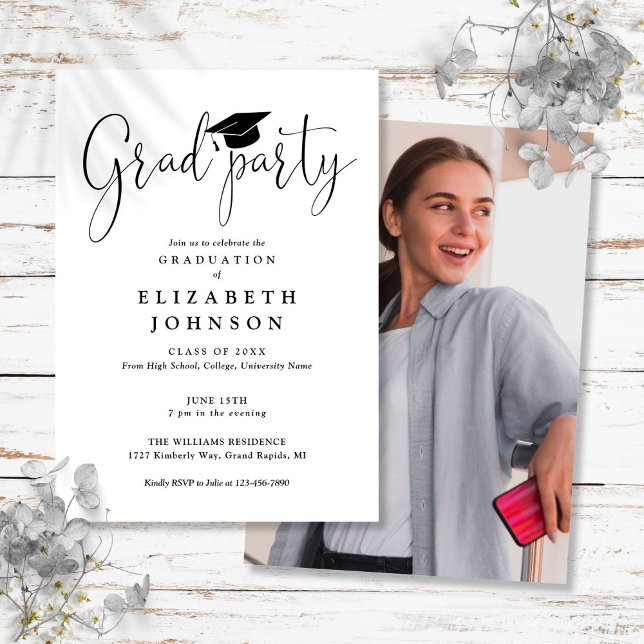 Modern Grad Party Script Photo Graduation  Invitation (Modern Grad Party Script Photo Graduation Invitation)