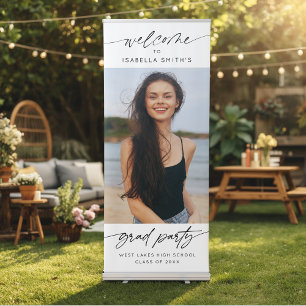 Modern Grad Party Welcome Elegant Script Photo Retractable Banner