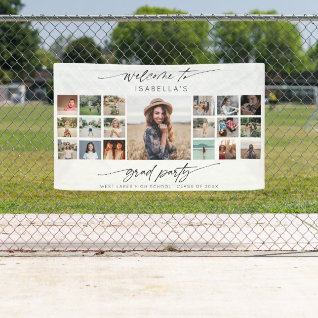 Modern Grad Party Welcome Script 19 Photo Collage  Banner (Insitu)