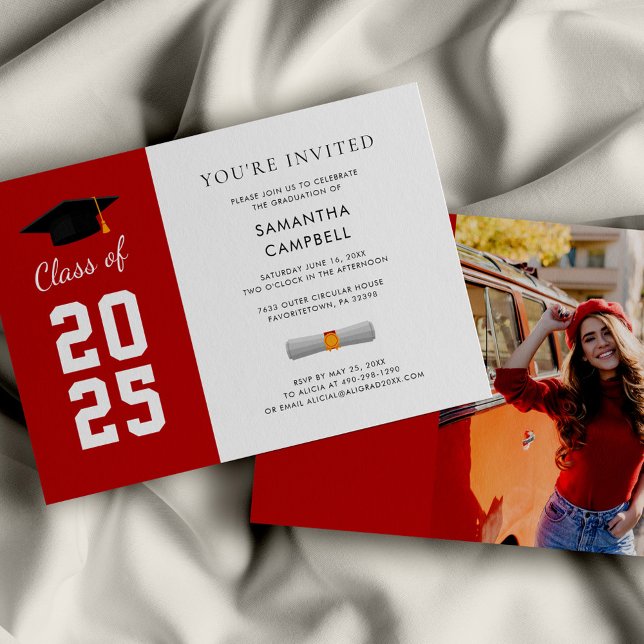 Modern Grad Photo Graduation 2025 Invitation (Graduation 2025 Red and White Party Invitation)