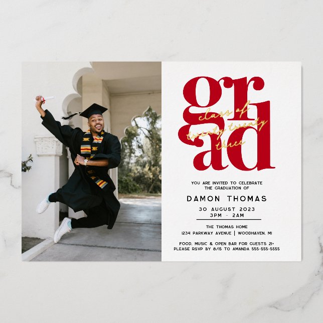 Modern GRAD Photo Graduation Party Foil Invitation (Front)