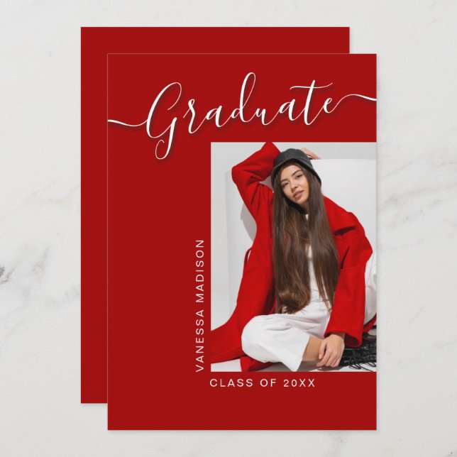 Modern Grad | Red 1 Photo Elegant Script Announcement (Front/Back)