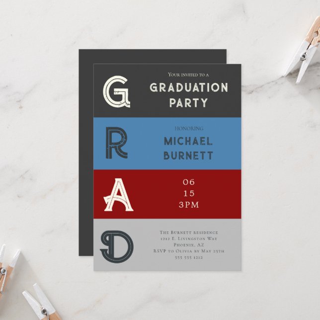 Modern Grad Red Grey Striped Graduation  Invitation (Front/Back In Situ)