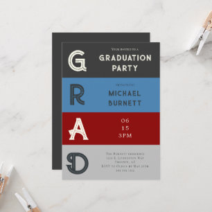 Modern Grad Red Grey Striped Graduation  Invitation