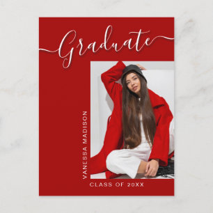 Modern Grad Red Pink 1 Photo Elegant Script Postcard