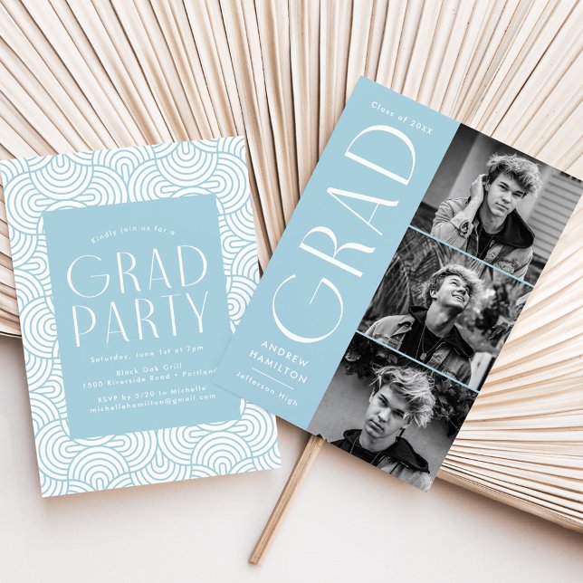 Modern Grad Sky Blue 3 Photo Graduation Party Invitation (Creator Uploaded)