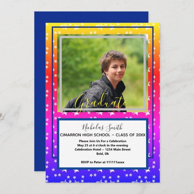 Modern Grad Stars Blue | Graduation Party Invitation (Front/Back)