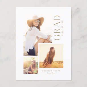 Modern Grad Type 3 Photo Collage Gold Announcement Postcard