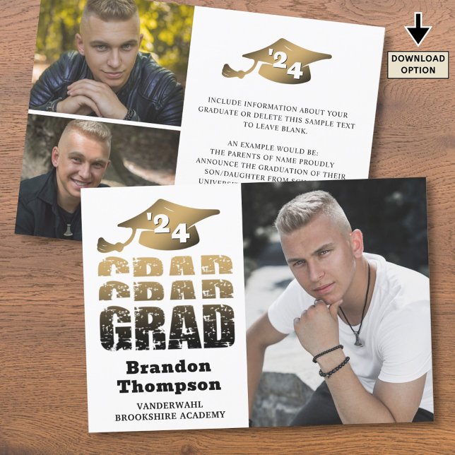 Modern Grad Year Black Gold Gradient 3 Photos Announcement (Creator Uploaded)