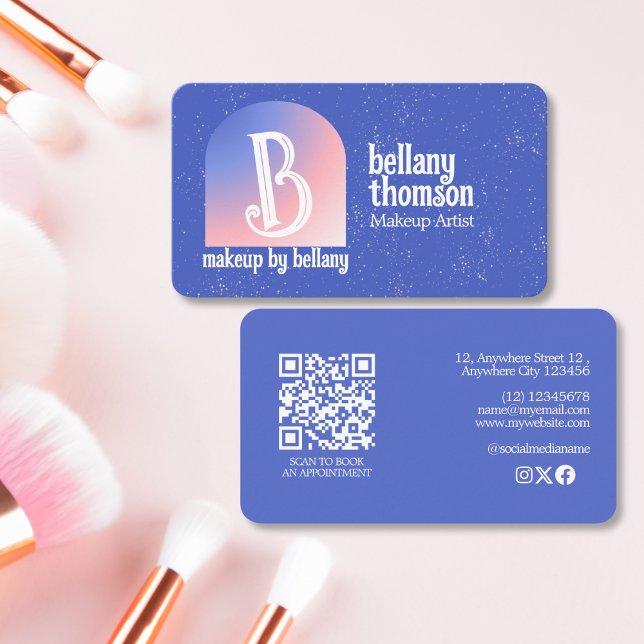 Modern Gradient Blue Pink Monogram Makeup Artist Business Card (Creator Uploaded)
