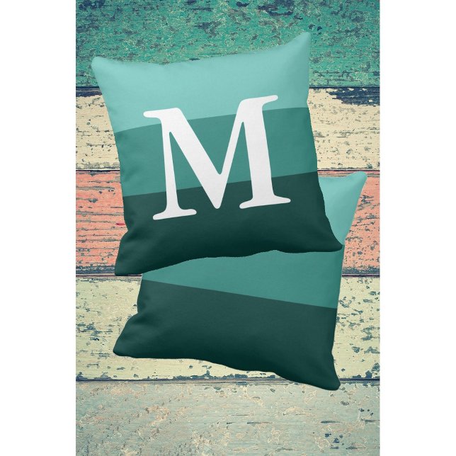 Modern Gradient Teal Stripes Big Letter Monogram  Cushion (Creator Uploaded)