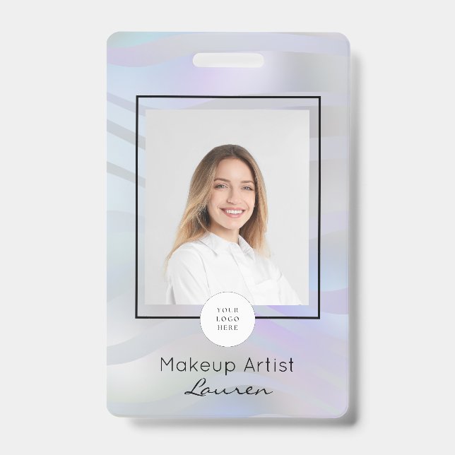 Modern Gradient Waves Black Script Photo Makeup  ID Badge (Front)