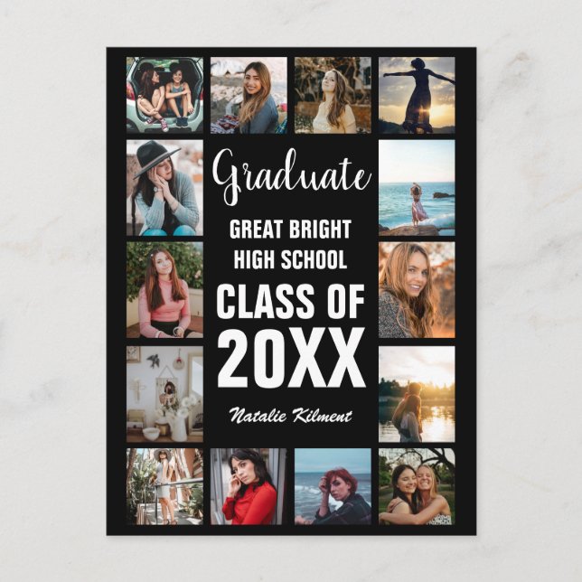 Modern Graduate 14 Photo Collage Black Graduation Announcement Postcard (Front)
