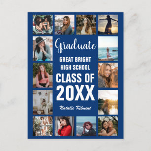 Modern Graduate 14 Photo Collage Blue Graduation Announcement Postcard