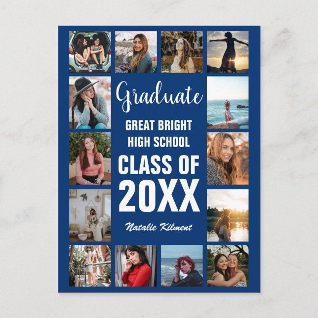 Modern Graduate 14 Photo Collage Blue Graduation Announcement Postcard (Front)