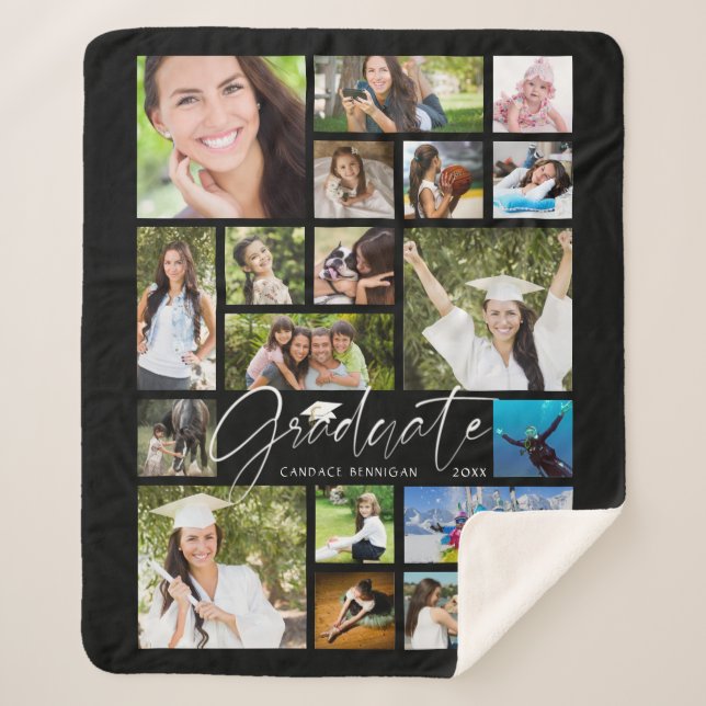 Modern GRADUATE 19 Photo Collage Script Black Sherpa Blanket (Front)