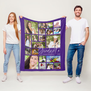 Modern GRADUATE 19 Photo Collage Script Purple Fleece Blanket