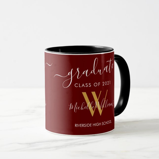 Modern Graduate 2021 Maroon Gold Monogram Name Mug (Front Right)
