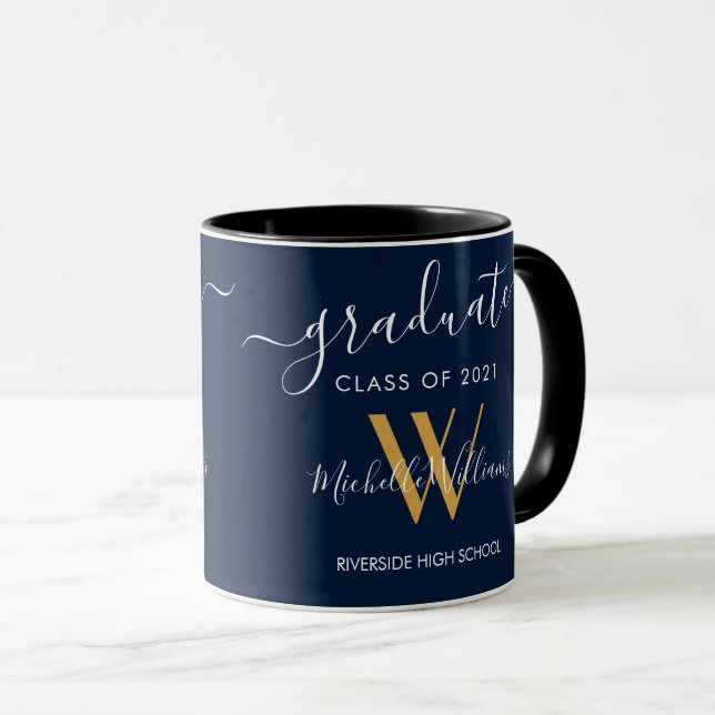 Modern Graduate 2023 Blue Gold Monogram Name Mug (Front Right)