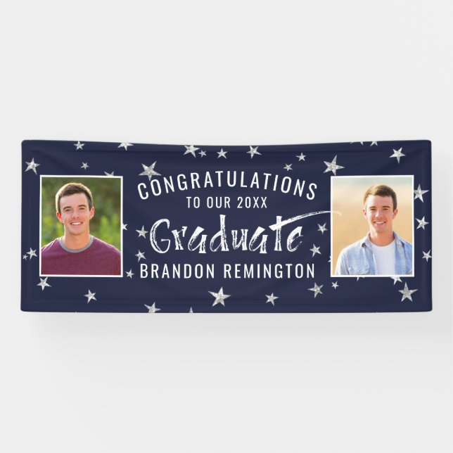Modern Graduate 2 Photo Navy Blue Silver White Banner (Horizontal)