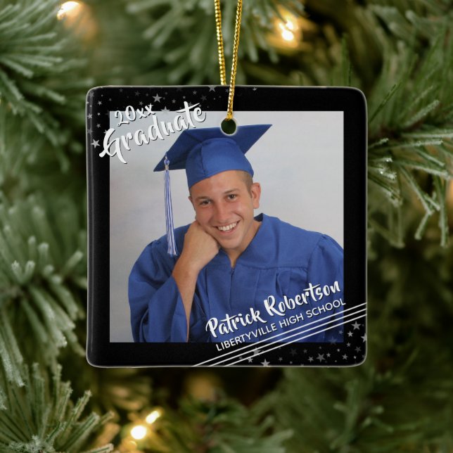 Modern Graduate 2 Photos Brush Script Black Stars  Ceramic Ornament (Tree)