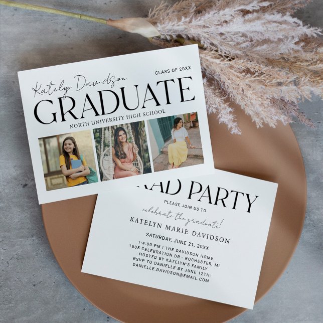 Modern Graduate 3 Photo Graduation Invitation (Creator Uploaded)