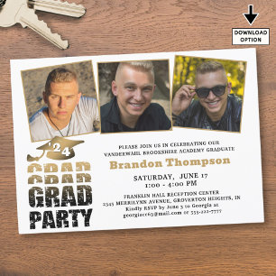 Modern Graduate 3 Photos Black Gold Gradient Invitation