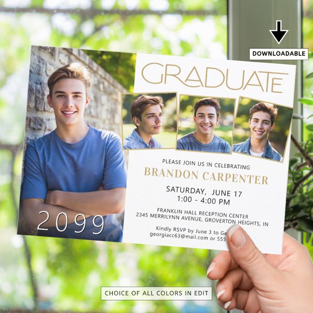 Modern Graduate 4 Photo Black Gold  Invitation (Creator Uploaded)