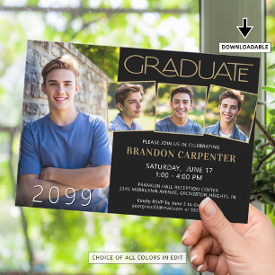 Modern Graduate 4 Photo Black Gold Invitation