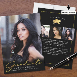 Modern Graduate 4 Photos Handwritten Script Black Announcement