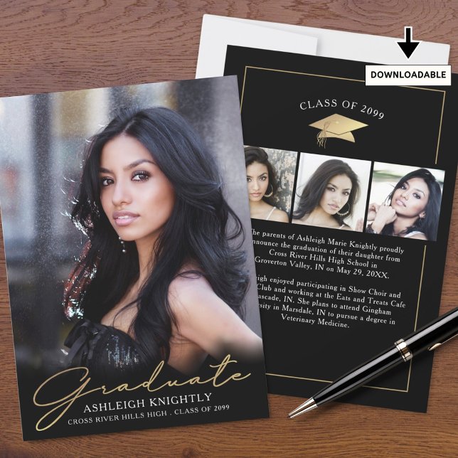 Modern Graduate 4 Photos Script Black Gold Announcement (Creator Uploaded)