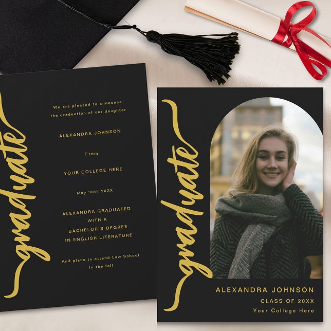 Modern Graduate Arch Photo Gold Script Announcement (Modern arch photo black and gold script Graduation announcement card)
