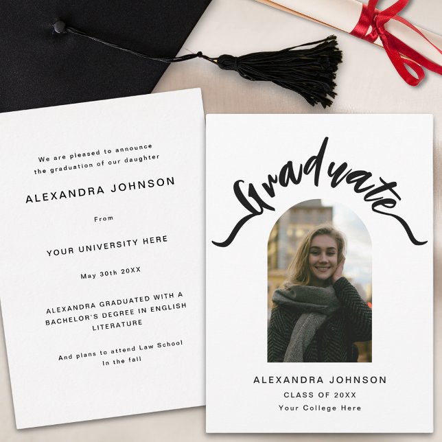 Modern Graduate Arch Photo Graduation Announcement (Modern photo arch black and white elegant script calligraphy  Graduation announcement card)