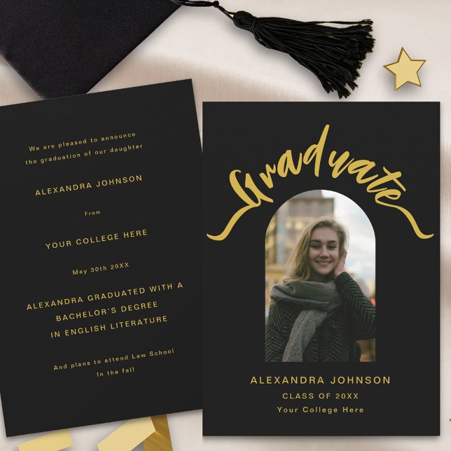 Modern Graduate Arch Photo Graduation Announcement (Modern arch photo black and gold script graduation announcement card)