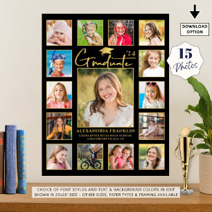 Modern Graduate Black Gold 15 Photo Collage Poster