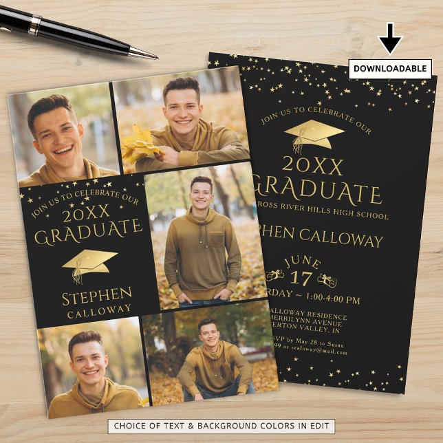 Modern Graduate Black Gold 6 Photo Collage Party Invitation (Creator Uploaded)