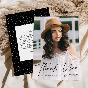 Modern Graduate Black Script Photo Graduation Thank You Card
