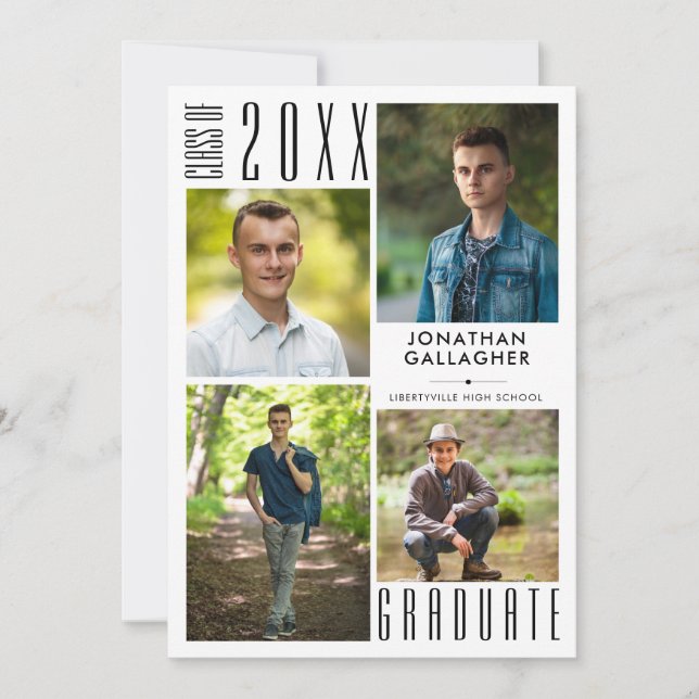 Modern Graduate Black White 5 Photo Collage Announcement (Front)