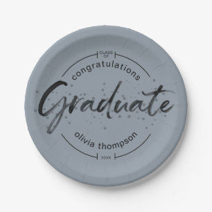 Modern Graduate Blue Brushed Calligraphy Paper Plate