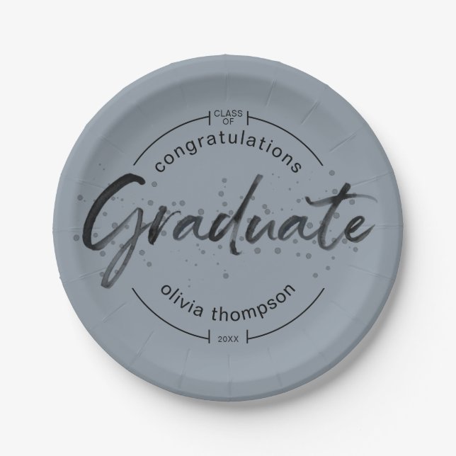 Modern Graduate Blue Brushed Calligraphy Paper Plate (Front)